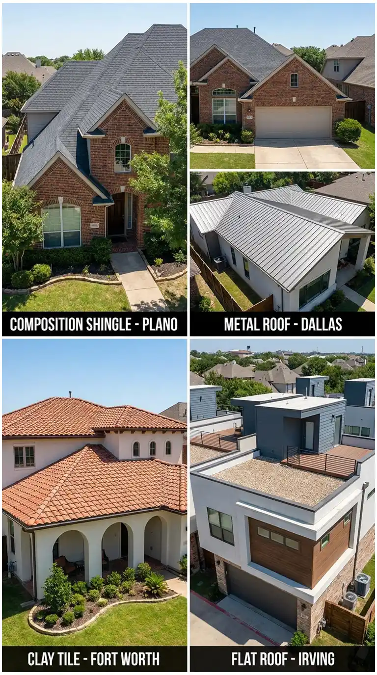 dfw roof types illustration - composition shingle, metal roof, clay tiles, flat roofs