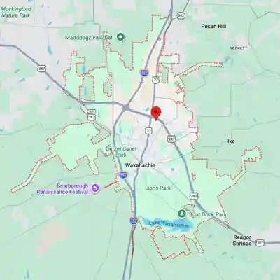 Google Map showing EDP Roofing service area in Waxahachie TX and Ellis County